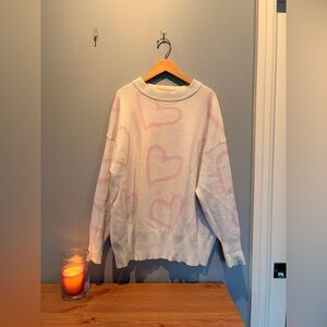 Women’s Cream and Pink Heart Crewneck Sweater